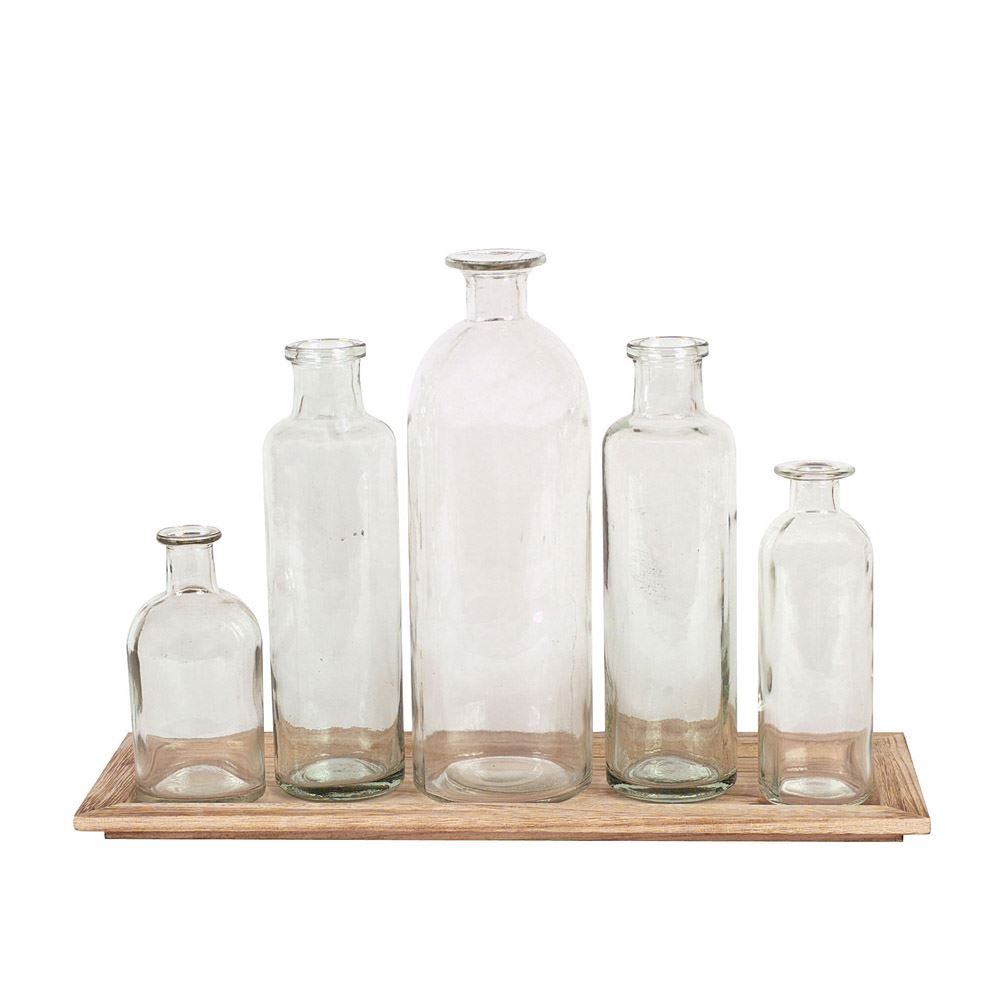 Glass Vase Set with Wood Base